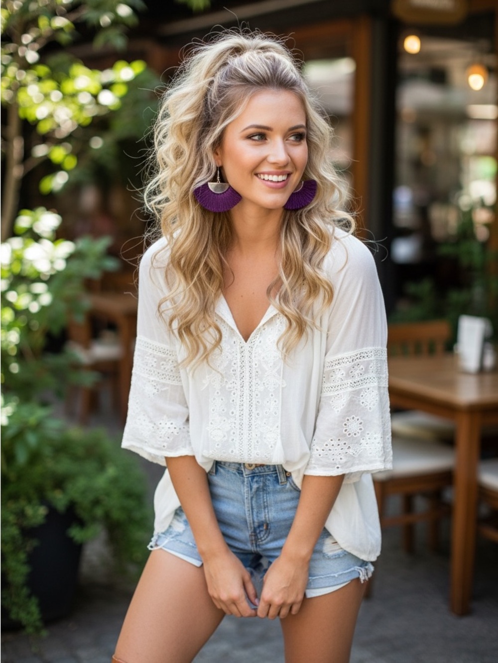 Handmade purple tassel silver stainless‎ steel hook fan boho earrings